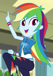Size: 425x599 | Tagged: safe, screencap, rainbow dash, human, equestria girls, g4, my little pony equestria girls: better together, overpowered (equestria girls), cropped, eyebrows, female, geode of super speed, glowing, magical geodes, open mouth, open smile, raised leg, smiling, solo