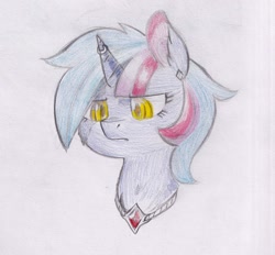 Size: 1587x1472 | Tagged: safe, artist:foxtrot3, oc, oc only, oc:cipher, oc:saint cipher, pony, unicorn, ear piercing, earring, frown, gem, horn, horn ring, jewelry, necklace, piercing, ring, ruby, saint, solo, traditional art
