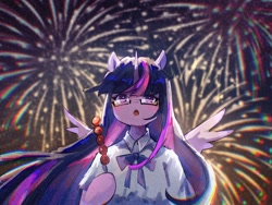 Size: 2160x1620 | Tagged: safe, artist:lendftcn, twilight sparkle, alicorn, semi-anthro, g4, arm hooves, clothes, female, film grain, fireworks, food, glasses, hoof hold, mare, shirt, solo, twilight sparkle (alicorn)