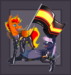 Size: 3300x3500 | Tagged: safe, artist:parrpitched, oc, oc:fireheart(fire), oc:nurse lavender blossom, bat pony, pony, clothes, couple, duo, flag pole, gloves, high res, kink, latex, latex boots, latex gloves, latex suit, pride, pride flag, prisoners of the moon, rubber, rubber pride, rubber pride flag, rubber suit, zipper