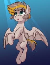 Size: 2208x2880 | Tagged: safe, artist:siroc, oc, oc only, pegasus, pony, belly, blue background, brown mane, bubble, concave belly, crepuscular rays, digital art, green eyes, high res, looking up, male, ocean, open mouth, pegasus oc, simple background, slender, solo, spread wings, stallion, sunlight, swimming, thin, underwater, water, wings