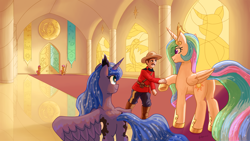 Size: 3840x2160 | Tagged: safe, artist:swordsmen, princess celestia, princess luna, oc, alicorn, human, pony, unicorn, g4, carpet, ceiling, commission, ethereal mane, flowing mane, guard, hallway, high res, moon, outfit, pillar, royal guard, spread wings, starry mane, sun, throne room, wings