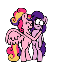 Size: 1275x1414 | Tagged: safe, artist:professorventurer, pipp petals, oc, oc:sugar rush, alicorn, pegasus, pony, g5, alicorn oc, bipedal, do not want, help me, horn, hugging a pony, pippamena, tsundere, varying degrees of want, want, wings