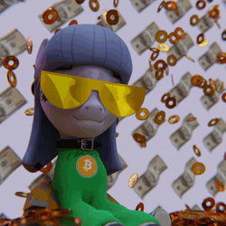 Size: 1080x1080 | Tagged: safe, artist:the luna fan, oc, oc:cosmia nebula, pony, 3d, animated, bill, bitcoin, blender, blender cycles, choker, clothes, coin, cryptocurrency, glasses, gold, looking at you, money, skirt, smiling, solo, sound, sweater, webm