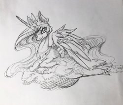 Size: 2048x1738 | Tagged: safe, artist:cosmickelpie, princess celestia, alicorn, pony, g4, cloud, crown, jewelry, looking at you, lying down, lying on a cloud, on a cloud, regalia, sketch, solo, traditional art