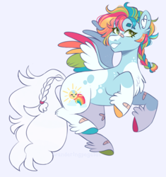 Size: 1168x1242 | Tagged: safe, artist:wanderingpegasus, oc, oc only, oc:lucky charm, pegasus, pony, appaloosa, bandage, bandaid, bandaid on nose, blaze (coat marking), body markings, braid, chest fluff, coat markings, colored hooves, colored wings, ear fluff, ear piercing, earring, eyebrow slit, eyebrows, facial markings, fetlock tuft, flying, green eyes, industrial piercing, jewelry, multicolored wings, nonbinary, pale belly, piercing, pinto, ponysona, simple background, small wings, socks (coat markings), solo, white background, wings