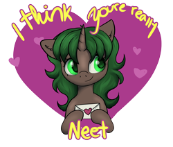 Size: 2600x2200 | Tagged: safe, artist:dumbwoofer, oc, oc:pine shine, pony, unicorn, ear fluff, envelope, female, heart, heart background, high res, holiday, looking sideways, mare, neet, simple background, smiling, solo, transparent background, valentine's day