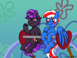 Size: 1306x981 | Tagged: safe, artist:small-brooke1998, pegasus, pony, blushing, crossover, ferris wheel, grimace, hearts and hooves day, holiday, prompt, skywarp, special, spongebob squarepants, sweat, thundercracker, transformers, unhappy, valentine's day