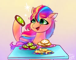 Size: 1368x1074 | Tagged: safe, artist:petaltwinkle, sunny starscout, earth pony, pony, foal food, g5, my little pony: tell your tale, spoiler:g5, spoiler:my little pony: tell your tale, spoiler:tyts01e38, cookie, female, food, gradient background, mane stripe sunny, mare, open mouth, open smile, smiling, solo