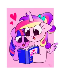 Size: 1074x1368 | Tagged: safe, artist:petaltwinkle, princess cadance, twilight sparkle, alicorn, pony, unicorn, g4, book, cute, cutedance, duo, duo female, female, filly, filly twilight sparkle, floating wings, heart, open mouth, open smile, passepartout, smiling, teen princess cadance, teenager, twiabetes, unicorn twilight, wings, younger