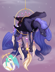 Size: 2000x2600 | Tagged: safe, alternate version, artist:dementra369, princess celestia, princess luna, alicorn, pony, g4, adorable distress, alternate design, angry, annoyed, celestia is amused, cloven hooves, colored, commission, commissioner:shaddar, curved horn, cute, dream walker luna, dreamcatcher, dreamcaught luna, feather, female, flowing mane, folded wings, funny, furrowed brow, high res, horn, hybrid wings, luna is not amused, lunabetes, mare, missing accessory, peytral, stuck, unamused, unshorn fetlocks, wings