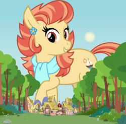 Size: 1280x1262 | Tagged: safe, artist:boneswolbach, artist:cheezedoodle96, edit, editor:jaredking779, aunt holiday, earth pony, pony, g4, female, giant pony, giant/macro earth pony, giantess, grin, looking at you, macro, mare, mega giant, ponyville, smiling, solo, sun, tree