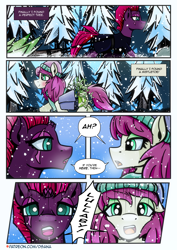 Size: 2480x3508 | Tagged: safe, artist:dsana, fizzlepop berrytwist, tempest shadow, oc, oc:thistledown, earth pony, pony, unicorn, comic:a storm's lullaby, g4, broken horn, female, high res, horn, mare, oh crap, oh no, scar