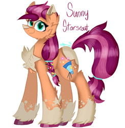Size: 1191x1217 | Tagged: safe, artist:4agonism, derpibooru exclusive, sunny starscout, earth pony, pony, g5, alternate cutie mark, alternate design, alternate hairstyle, braid, cheek fluff, chest fluff, coat markings, ear fluff, female, freckles, mare, multicolored hair, ponytail, redesign, simple background, smiling, socks (coat markings), solo, unshorn fetlocks, white background