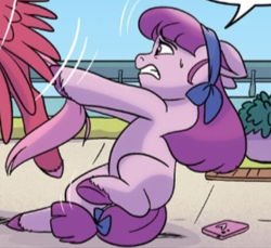 Size: 401x367 | Tagged: safe, idw, official comic, fuchsia orchard, marasca, earth pony, pegasus, pony, g5, my little pony: a new generation, official, spoiler:comic, spoiler:g5, spoiler:g5comic, spoiler:g5comic01, cellphone, cropped, female, male, mare, phone, smartphone, stallion