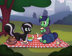Size: 4000x3087 | Tagged: safe, artist:uniamoon, oc, oc only, oc:swift brush, oc:zenawa skunkpony, hybrid, pony, skunk, skunk pony, unicorn, basket, best friends, chewing, clothes, colt, denim, diaper, diaper butt, diaper under clothes, drinking glass, duo, duo male, eating, foal, food, high res, hoodie, hoof hold, horn, hybrid oc, incontinent, juice, lemonade, looking at each other, looking at someone, lying down, male, non-baby in diaper, outdoors, pants, peanut butter and jelly, picnic, picnic basket, picnic blanket, pitcher, prone, raised tail, salad, sandwich, sitting, smiling, smiling at each other, tail, talking, tree, unicorn oc