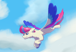 Size: 944x652 | Tagged: safe, artist:gosha305, zipp storm, pegasus, pony, g5, cloud, confident, day, female, flying, gliding, grin, sky, sky background, smiling, solo, wings