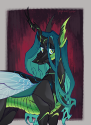 Size: 1900x2600 | Tagged: safe, artist:yuyusunshine, queen chrysalis, changeling, g4, abstract background, concave belly, lidded eyes, slender, solo, thin