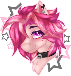 Size: 1383x1484 | Tagged: safe, artist:sketchybarks, oc, oc only, oc:wishing star, pony, bust, chest fluff, choker, collar, ear piercing, femboy, hair over one eye, male, messy mane, piercing, pink hair, portrait, simple background, transparent background