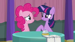Size: 1280x720 | Tagged: safe, screencap, pinkie pie, twilight sparkle, alicorn, earth pony, pony, a trivial pursuit, g4, bell, cute, diapinkes, implied lesbian, implied shipping, implied twinkie, looking at each other, looking at someone, notepad, twiabetes, twilight sparkle (alicorn)