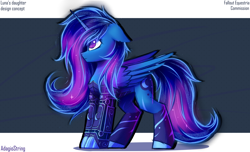Size: 3300x2000 | Tagged: safe, artist:adagiostring, oc, oc only, alicorn, pony, fallout equestria, amputee, character design, commission, concept art, cute, glowing mane, high res, magic, magic aura, moon, offspring, parent:princess luna, prosthetic leg, prosthetic limb, prosthetics, reference sheet, simple background, sketch, standing