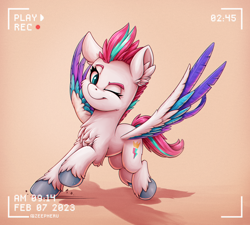 Size: 1760x1581 | Tagged: safe, artist:zeepheru_pone, zipp storm, pegasus, pony, g5, action pose, adorazipp, camera shot, chest fluff, colored hooves, colored wings, cute, ear fluff, eyebrows, female, full body, gradient background, looking at you, mare, multicolored wings, one eye closed, recording, shadow, signature, smiling, smiling at you, solo, spread wings, three quarter view, timestamp, unshorn fetlocks, wings, wink, winking at you