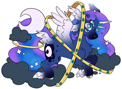 Size: 6329x4630 | Tagged: safe, artist:cutepencilcase, princess luna, alicorn, angel, pony, g4, be not afraid, biblically accurate angels, body freckles, body markings, chest fluff, cloud, colored hooves, colored wings, ethereal hair, ethereal mane, ethereal tail, female, floating horn, freckles, gradient legs, gradient wings, halo, hoof polish, horn, jewelry, leg fluff, mare, moon, multiple eyes, multiple horns, multiple wings, ring, shoulder freckles, simple background, solo, starry hair, starry mane, starry tail, tail, tail ring, transparent background, wing ears, winged hooves, wings