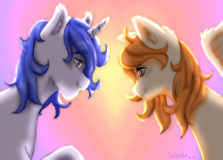 Size: 2946x2120 | Tagged: safe, artist:twivela, oc, oc only, pegasus, pony, unicorn, blushing, couple, duo, female, high res, looking at each other, looking at someone, love, male, mare, smiling, straight, sunset, wings
