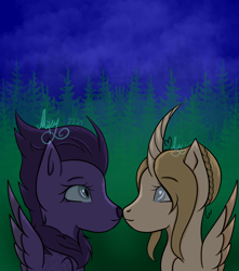 Size: 3600x4073 | Tagged: safe, artist:thecommandermiky, oc, oc only, oc:artura, oc:miky command, alicorn, cheetah, hybrid, pegasus, pony, alicorn oc, blue eyes, boop, chest fluff, female, forest, happy, horn, lesbian, looking at each other, looking at someone, night, oc x oc, pegasus oc, purple hair, purple mane, shipping, smiling, smiling at each other, spread wings, wings, yellow hair, yellow mane