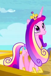 Size: 641x961 | Tagged: safe, screencap, princess cadance, alicorn, pony, g4, once upon a zeppelin, season 7, colored wings, crown, female, folded wings, frown, gradient mane, gradient wings, hoof shoes, jewelry, long mane, looking up, offscreen character, peytral, princess shoes, regalia, slender, solo focus, standing, thin, three quarter view, wings