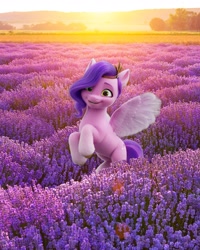 Size: 1080x1350 | Tagged: safe, pipp petals, pegasus, pony, g5, my little pony: a new generation, official, adorapipp, cute, female, flying, irl, lavender, looking at you, mare, open mouth, open smile, photo, smiling, smiling at you, solo, spread wings, sunset, wings