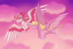 Size: 1280x854 | Tagged: safe, artist:itstechtock, angel wings, meadow flower, pony, colored wings, flying, multicolored wings, wings