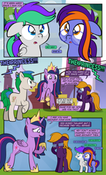 Size: 1920x3168 | Tagged: safe, artist:alexdti, twilight sparkle, oc, oc:bright comet, oc:purple creativity, oc:star logic, oc:violet moonlight, alicorn, pegasus, pony, unicorn, comic:quest for friendship, the last problem, bracelet, brother and sister, crown, female, glasses, hoof shoes, husband and wife, jewelry, male, missing accessory, mother and child, mother and daughter, mother and son, older, older twilight, princess twilight 2.0, regalia, siblings, staircase, stairs, twilight sparkle (alicorn), twins