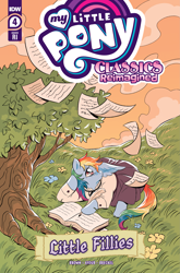 Size: 2063x3131 | Tagged: safe, artist:rose bousamra, idw, official comic, rainbow dash, pegasus, pony, g4, my little pony classics reimagined: little fillies, official, spoiler:comic, book, clothes, cloud, comic cover, cover, cover art, dress, flower, grass, grass field, high res, little women, my little pony logo, outdoors, page, sunset, tree