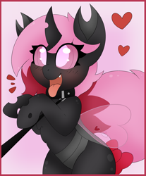 Size: 2489x3000 | Tagged: safe, artist:pegamutt, oc, oc:heartstring fiddler, changeling, behaving like a dog, bow, changeling oc, collar, commission, excited, heart, heart wings, high res, leash, panting, pet play, pink changeling, tail, tail bow, ych result