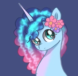 Size: 1531x1507 | Tagged: safe, artist:jaanhavi, misty brightdawn, pony, unicorn, g5, blue background, bust, cute, female, flower, flower in hair, head tilt, looking at you, mistybetes, simple background, solo, three quarter view