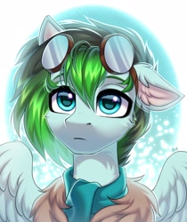 Size: 2050x2435 | Tagged: safe, artist:hakaina, oc, oc only, oc:gryph xander, pegasus, pony, abstract background, aviator goggles, bomber jacket, bust, cheek fluff, clothes, colored, cute, ear fluff, eyebrows, floppy ears, frown, goggles, goggles on head, green mane, high res, jacket, looking at you, looking up, looking up at you, male, ocbetes, one ear down, partially open wings, pegasus oc, scarf, shading, shiny eyes, signature, solo, sparkly eyes, stallion, turquoise eyes, wingding eyes, wings