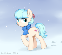 Size: 1436x1256 | Tagged: safe, artist:vinilyart, coco pommel, earth pony, pony, g4, clothes, cocobetes, cute, female, hoofprints, looking at you, mare, scarf, smiling, smiling at you, snow, snowfall, solo, walking
