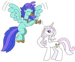 Size: 2612x2168 | Tagged: safe, artist:supahdonarudo, fleur-de-lis, oc, oc:sea lilly, classical hippogriff, hippogriff, pony, unicorn, series:fleurbuary, g4, camera, flying, high res, holding, jewelry, necklace, one eye closed, posing for photo, redraw, simple background, taking a photo, transparent background