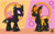 Size: 1363x836 | Tagged: safe, artist:wheatley r.h., derpibooru exclusive, oc, oc only, oc:lara, oc:w. rhinestone eyes, changeling, honeypot changeling, bat wings, changeling oc, female, folded wings, happy, male, mare, orange changeling, pink changeling, rule 63, simple background, stallion, vector, watermark, wheatlette, wings