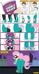 Size: 1397x2638 | Tagged: safe, artist:redpaladin, fluttershy, saddle rager, human, pegasus, pony, g4, butt, clothes, comic, comic book, costume, dock, exclamation point, eye color change, flutterbutt, hooves, human to pony, looking back, male to female, onomatopoeia, pants, plot, power ponies, question mark, rule 63, sequence, shirt, sky, socks, sound effects, stars, superhero costume, tail, tail hole, transformation, transforming clothes, transgender transformation