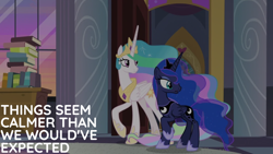 Size: 1920x1080 | Tagged: safe, edit, edited screencap, editor:quoterific, screencap, princess celestia, princess luna, alicorn, pony, g4, the summer sun setback, book, crown, duo, duo female, ethereal mane, ethereal tail, female, frown, hoof shoes, jewelry, mare, open mouth, peytral, raised hoof, regalia, royal sisters, siblings, sisters, sparkles, standing, tail