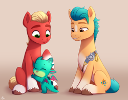 Size: 2300x1800 | Tagged: safe, artist:luminousdazzle, hitch trailblazer, sparky sparkeroni, sprout cloverleaf, dragon, earth pony, pony, g5, baby, baby dragon, badge, cute, gradient background, hug, male, papa hitch, raised hoof, sash, sheriff's badge, sitting, smiling, sparkybetes, sproutbetes, sproutlove, stallion, tongue out, trio, trio male, unshorn fetlocks