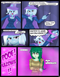 Size: 1600x2061 | Tagged: safe, artist:lennondash, trixie, wallflower blush, human, equestria girls, g4, ..., breasts, busty trixie, cape, character to character, cleavage, clothes, comic, dialogue, fall formal outfits, female, hat, invisible, magic show, magic trick, magic wand, poof, pun, speech bubble, sweater, transformation, trixie's cape, trixie's hat, visual pun