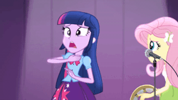 Size: 520x293 | Tagged: safe, screencap, fluttershy, twilight sparkle, human, equestria girls, g4, my little pony equestria girls: rainbow rocks, animated, blinking, butterfly hairpin, choking, concerned, duo, duo female, eyebrows, eyeshadow, female, frown, gif, hitting, looking at each other, looking at someone, makeup, microphone, musical instrument, open mouth, smiling, tambourine, teeth