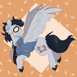 Size: 1080x1080 | Tagged: safe, artist:loaf, soarin', pegasus, pony, g4, abstract background, clothes, flying, goggles, male, necktie, solo, spread wings, stallion, wings