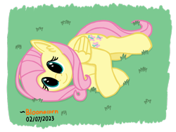 Size: 830x622 | Tagged: safe, artist:bloonacorn, fluttershy, pegasus, pony, g4, cute, female, grass, horses doing horse things, mare, rolling, shyabetes, smiling, solo, weapons-grade cute