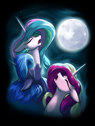 Size: 1200x1600 | Tagged: safe, artist:rocket-lawnchair, princess cadance, princess celestia, princess luna, alicorn, pony, g4, alicorn triarchy, behaving like a wolf, ears back, eyes closed, female, full moon, howling, mare, meme, moon, night, nose in the air, open mouth, ponified meme, three wolf moon, trio