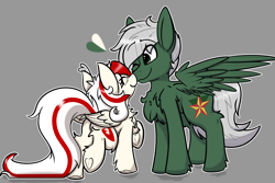 Size: 3000x2000 | Tagged: safe, artist:aryn, oc, oc only, oc:awya lightfeather, oc:summer breeze, pegasus, pony, chest fluff, gray background, high res, long tail, looking at each other, looking at someone, nuzzling, pegasus oc, simple background, size difference, smiling, smiling at each other, tail