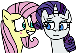 Size: 970x670 | Tagged: safe, artist:jadeharmony, fluttershy, rarity, pegasus, pony, unicorn, g4, bedroom eyes, blushing, duo, eyeshadow, female, flirting, flustered, grin, lesbian, looking at each other, looking at someone, makeup, mare, ship:flarity, shipping, simple background, smiling, transparent background